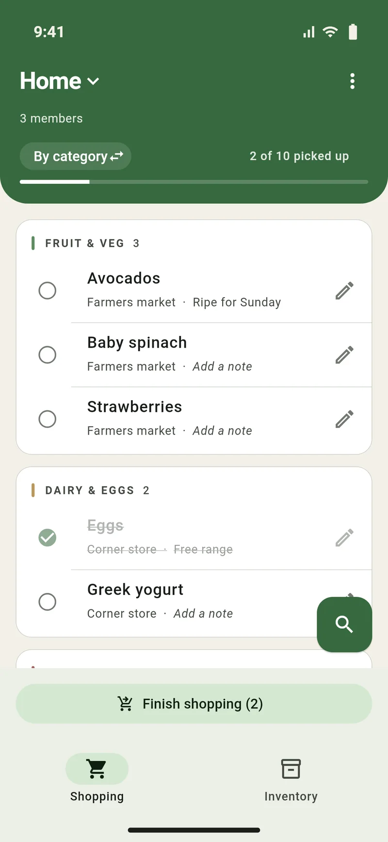 Sprout's shopping list for a list called Home, grouped by category, with two items ticked off